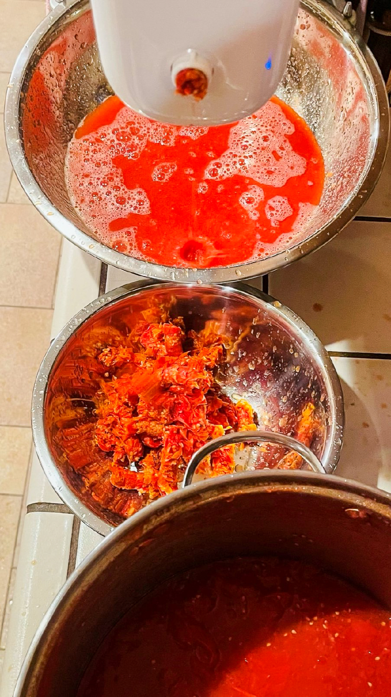 Top View of KitchenAid tomato strainer straining sauce.