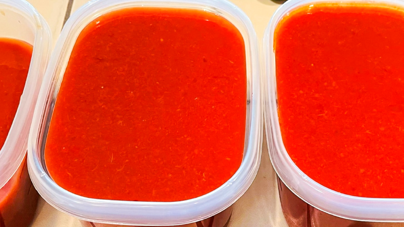 Close-up view of Purple Cherokee heirloom tomato sauce